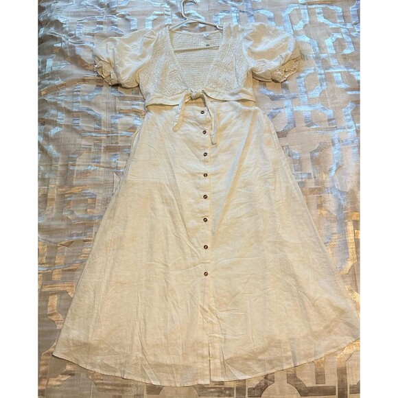 White Dress Size L Halter Top Smocked Puff Sleeves - Picture 3 of 9